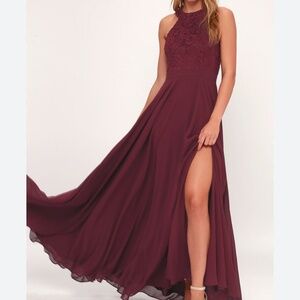 Lulu's Picture Perfect Lace Maxi Dress Burgundy Red